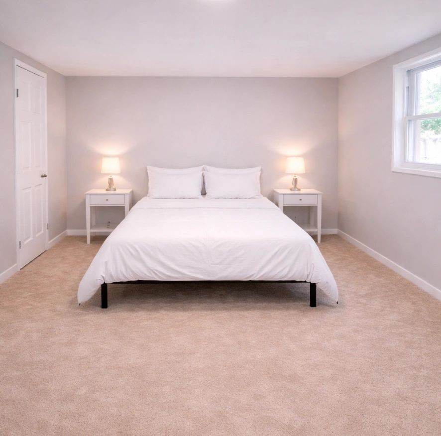 Minimalist bedroom with white bed and lamps on side tables.