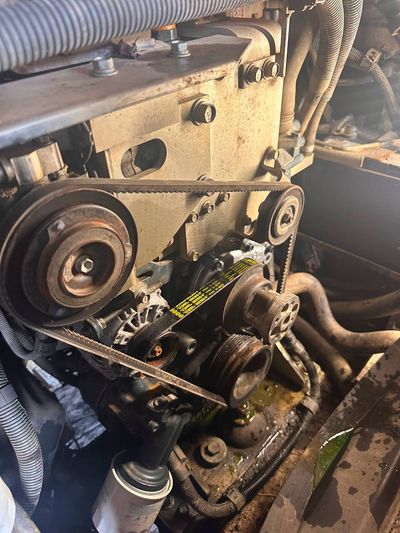 Close-up of an engine timing belt system.