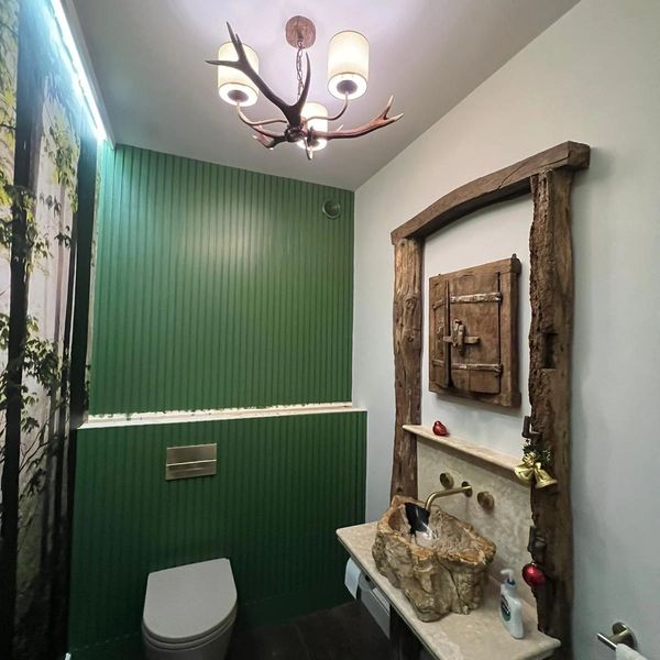 Rustic bathroom with green walls and unique stone sink.