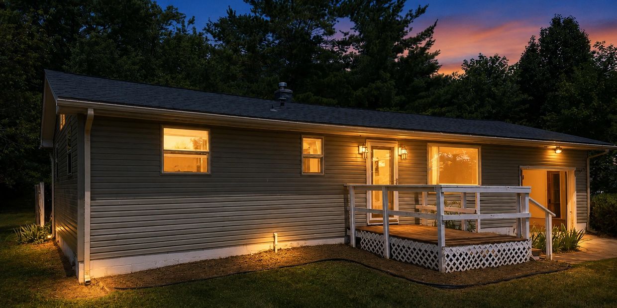 Cozy house exterior illuminated at dusk.