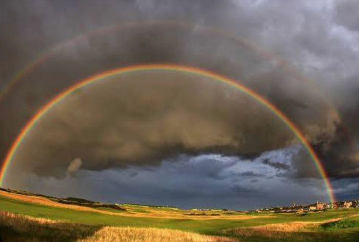 A rainbow over a harvest of light .