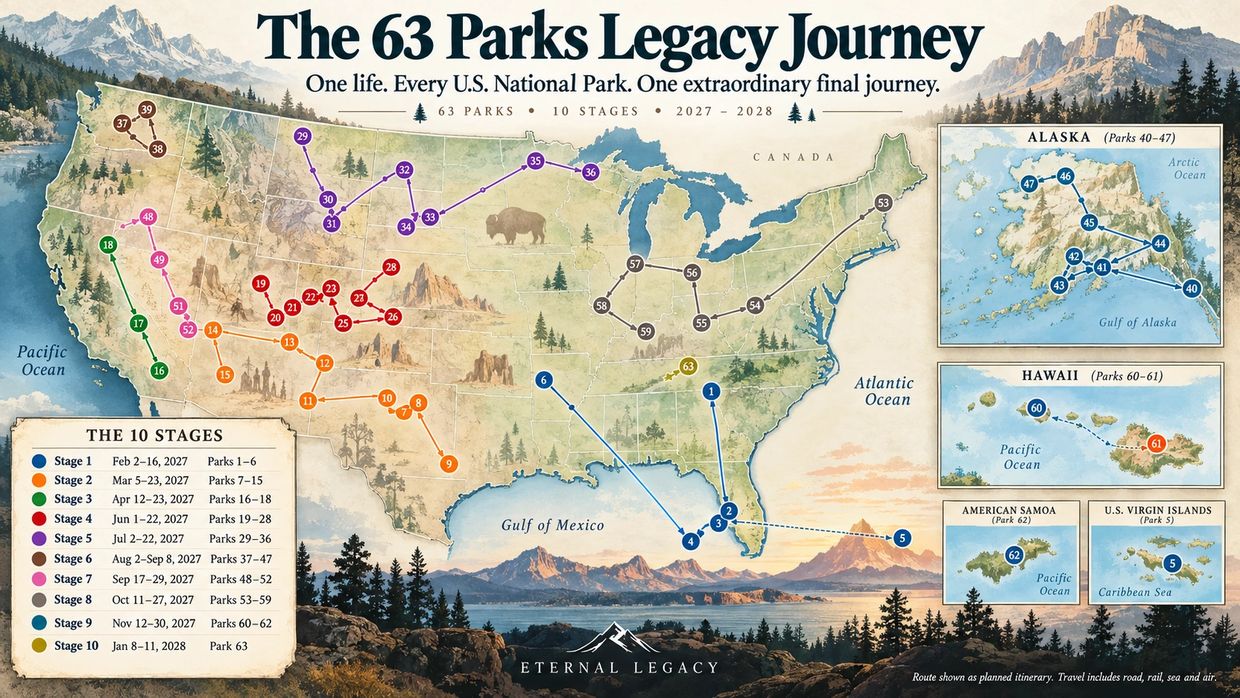 A map of the 63 National Park Memorial Journey offered by Eternal Legacy Service. 
