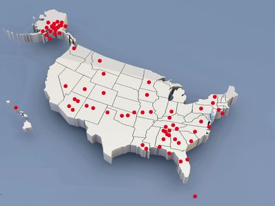 3D map of the USA with red dots marking various locations.