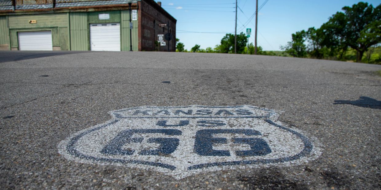 Route 66 emblem painted on Kansas road.