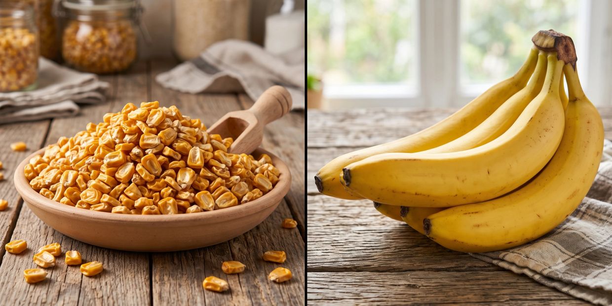 Dried corn kernels and a bunch of bananas side by side.