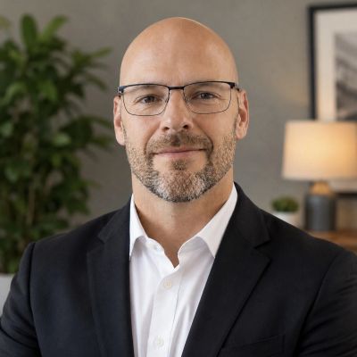 Confident bald man with glasses in a black suit and white shirt.