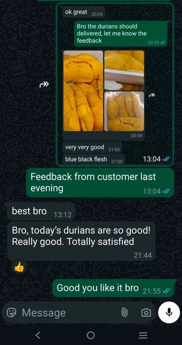 WhatsApp chat about durian delivery and positive customer feedback.