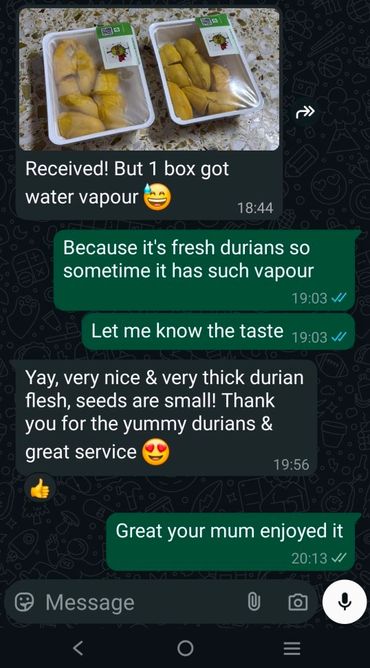 Chat about fresh durians with image of packaged durians having water vapor.