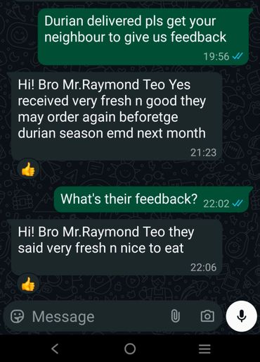 WhatsApp chat about durian delivery feedback from a neighbour.