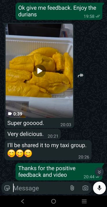 WhatsApp chat sharing positive feedback on durians with a video.