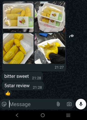 Packaged yellow fruit pieces with a positive review in a chat.