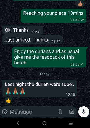 WhatsApp chat discussing durian delivery and feedback.