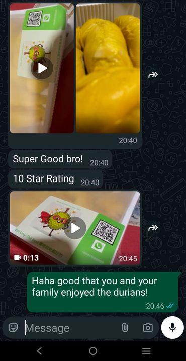 WhatsApp chat praising durians with a 10-star rating and videos of durians.