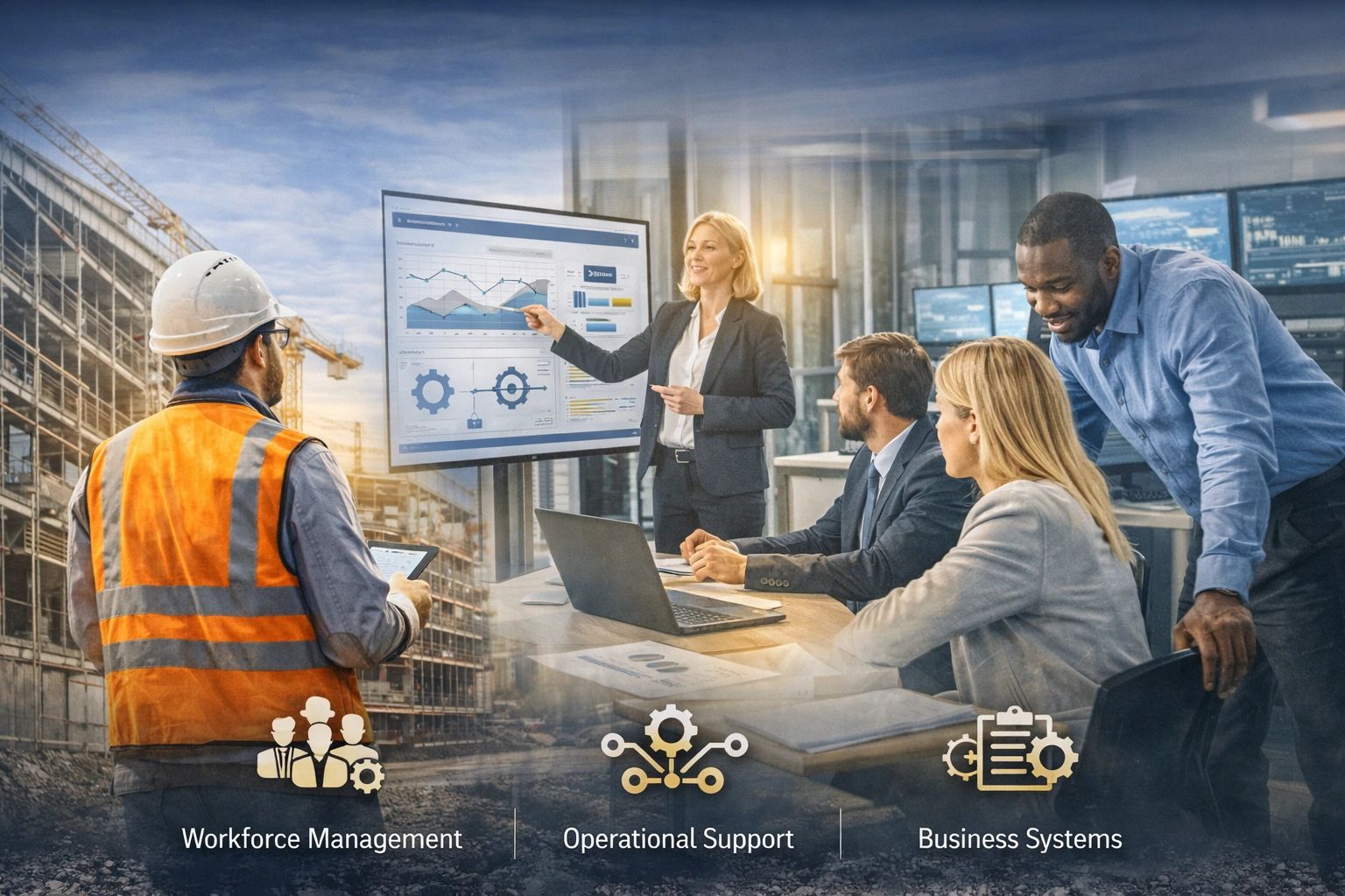 Team discussing business operations with charts and data in a modern office and construction site background.