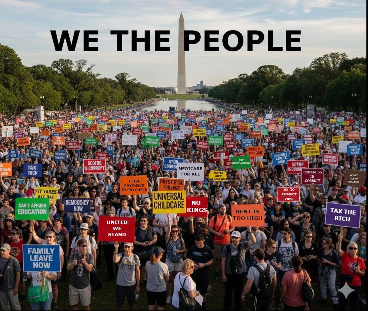 Large protest with diverse signs demanding social justice and political reform near the Washington Monument.
