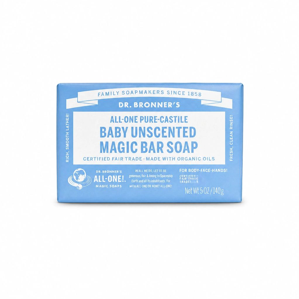 Dr. Bronner's Baby Unscented Magic Bar Soap in blue packaging.