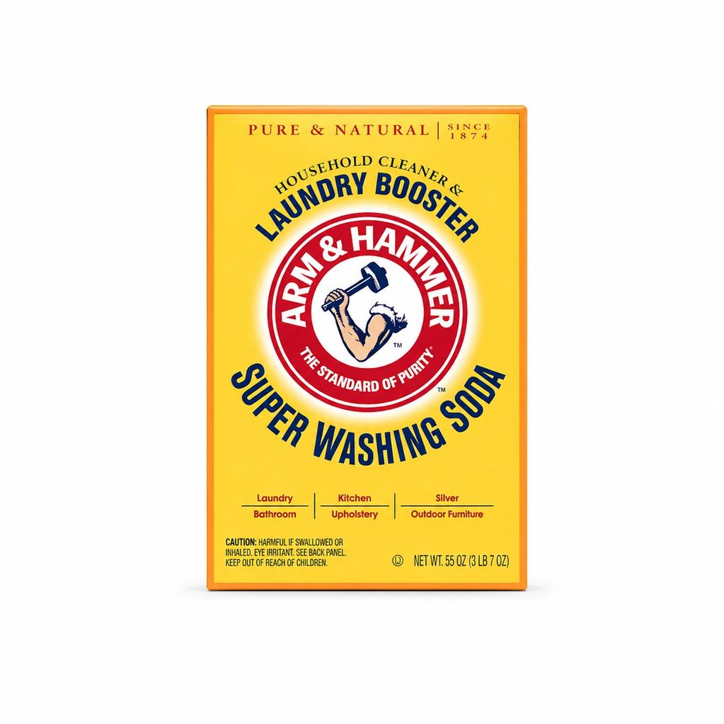 Arm &amp; Hammer Super Washing Soda household cleaner in yellow packaging.