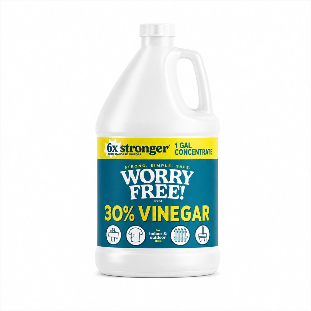 One-gallon bottle of 30% vinegar concentrate labeled Worry Free, 6x stronger than standard vinegar.