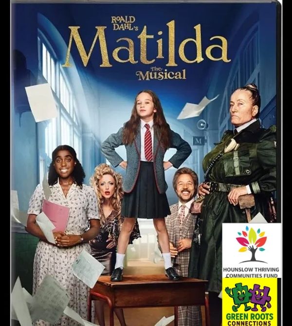 Promotional poster for Roald Dahl's Matilda The Musical featuring main characters in a school hallway.
