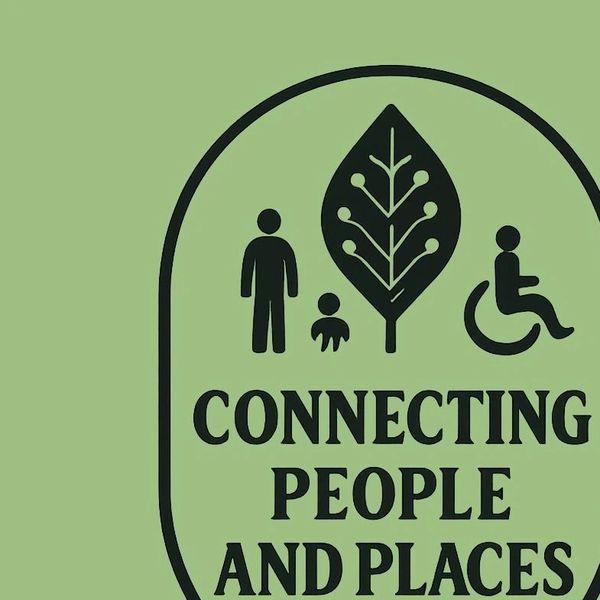 Sign symbolizing connection between people and places with icons and a leaf.