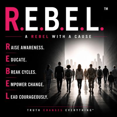 Silhouetted people walk toward light with REBEL acronym promoting awareness and change.