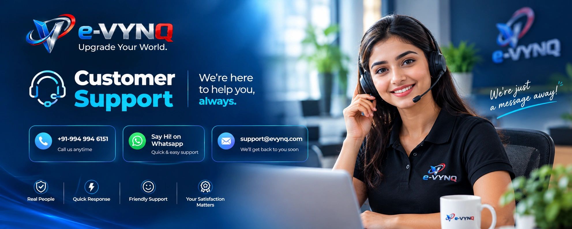 Customer support representative with headset ready to assist.