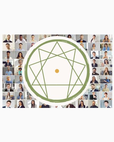 Símbolo del eneagrama con imágenes de personas diversas en el fondo.
