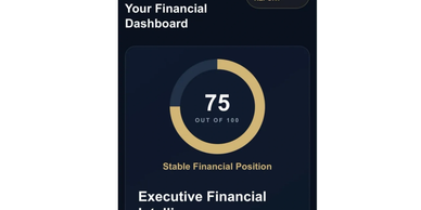 Financial dashboard showing a score of 75 out of 100 indicating stable finances.
