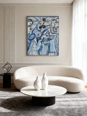 Modern living room with abstract blue painting.