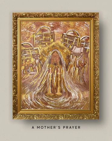 Abstract painting titled 'A Mother's Prayer' with golden ornate frame.