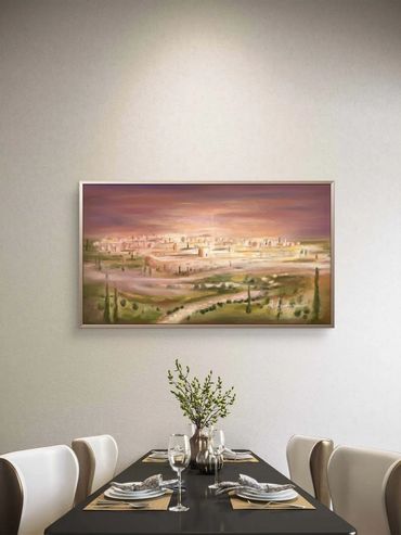 Modern dining room with wall landscape painting.