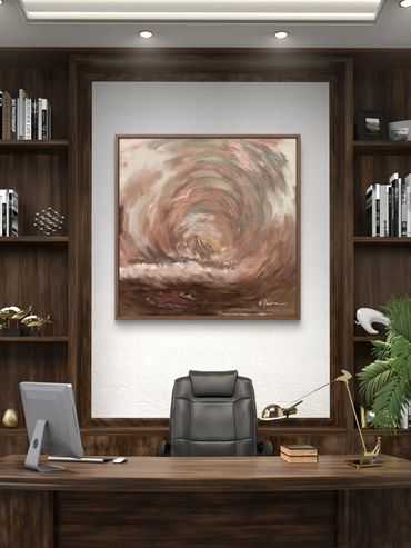 Modern office with abstract painting and dark wood finishes.