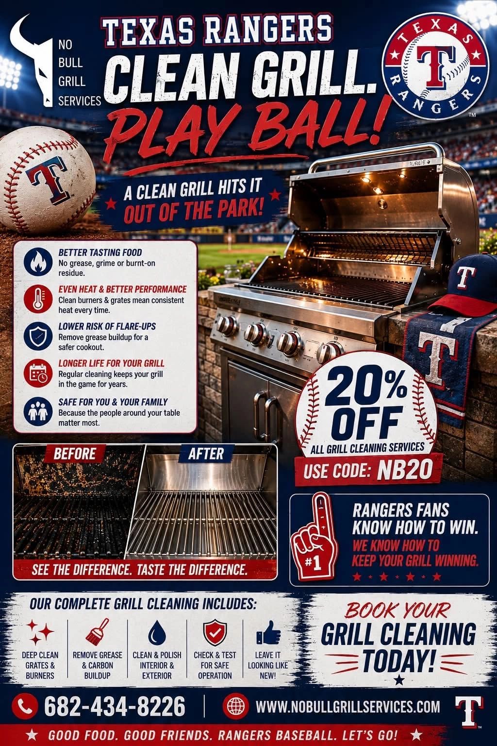 Texas Rangers themed grill cleaning service ad with 20% off.