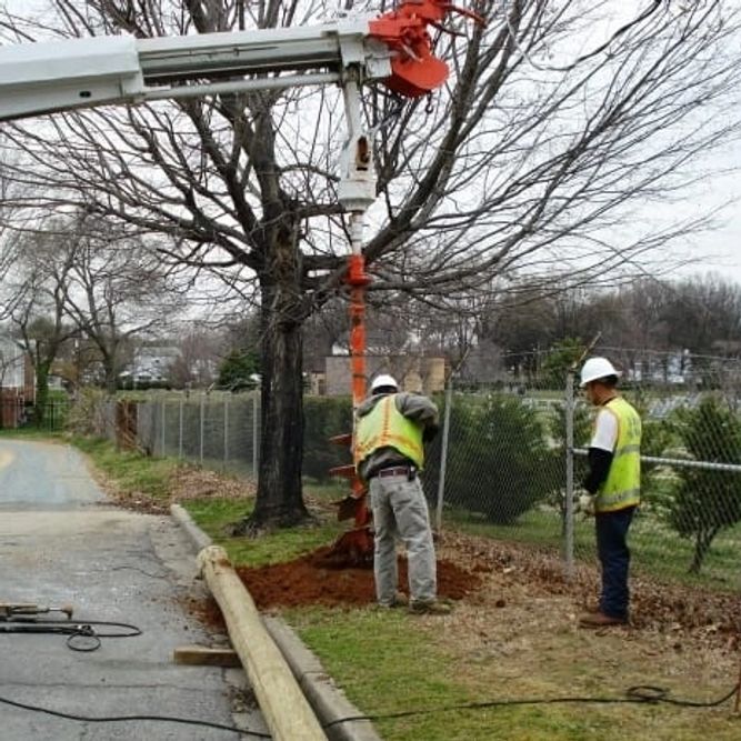 Pole setting crew installing utility pole with proper depth and alignment verification