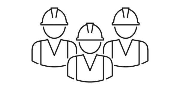 Line drawing of three construction workers wearing helmets.