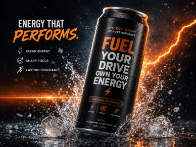 Sleek energy drink can splashing in water with fiery background.