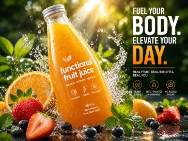 Bottle of functional fruit juice surrounded by fresh fruits and mint leaves in sunlight.
