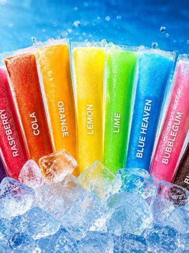 Colorful frozen ice pops in various flavors on ice.