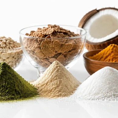 Various powdered spices and cereals with coconut and turmeric.