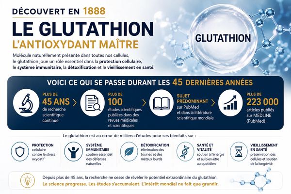 Infographic on glutathione discovered in 1888, highlighting its antioxidant benefits and extensive research.