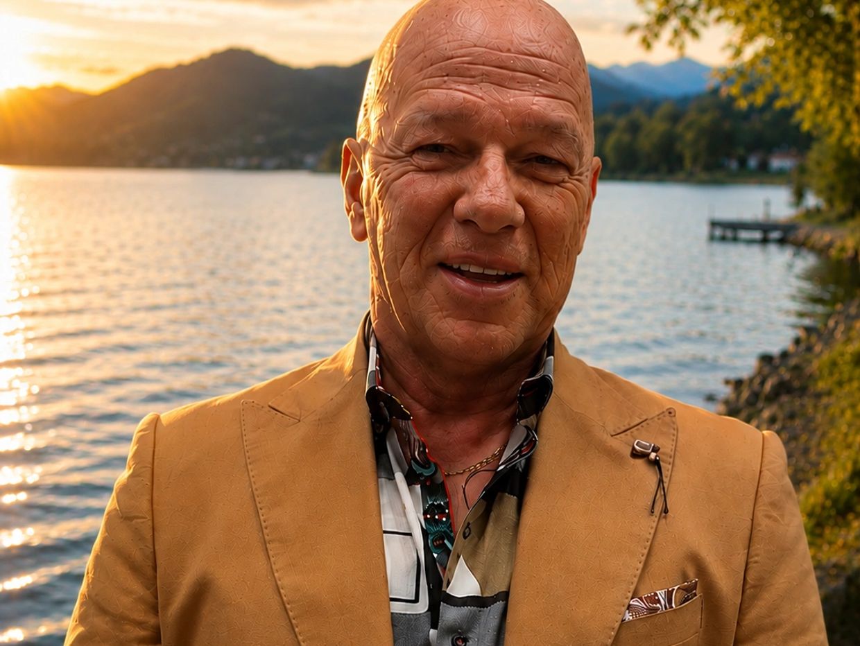 Smiling bald man in a tan blazer by a serene lakeside at sunset.