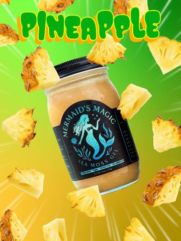 Mermaid's Magic Pineapple  Flavored Sea Moss Gel with vibrant pineapple slices on green-yellow background.