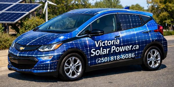 Blue Chevrolet car covered in solar panel wrap advertising Victoria Solar Power.