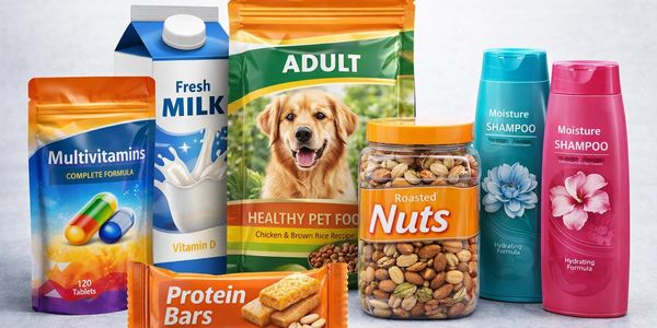 Various packaged products including pet food, multivitamins, milk, nuts, protein bars, and shampoos.