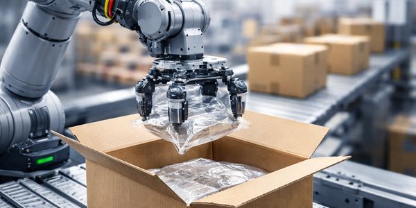 Robotic arm packing plastic-wrapped items into a cardboard box in a warehouse.