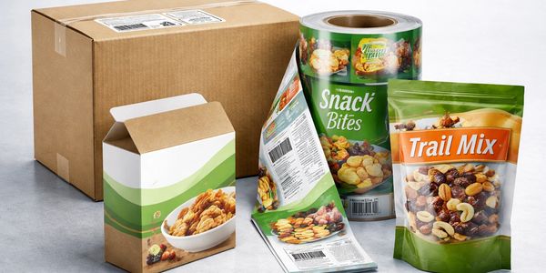 Snack packaging including trail mix and snack bites with a cardboard box.