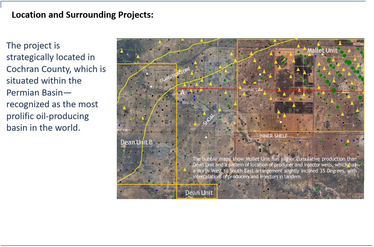 Map showing oil project location in Cochran County within the Permian Basin with marked units and well patterns.