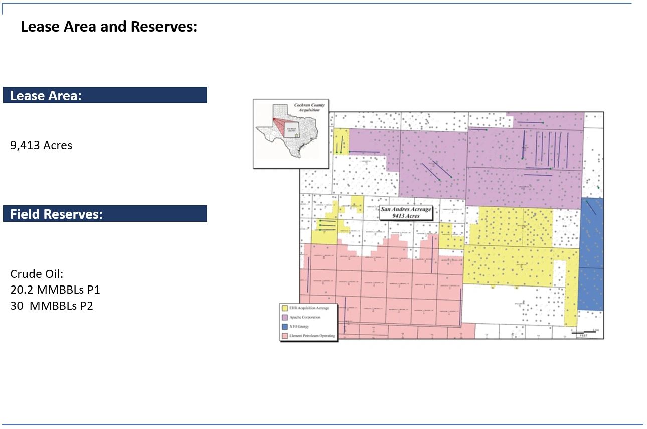 Map showing lease area and field reserves of crude oil in acres and MMBBLs.