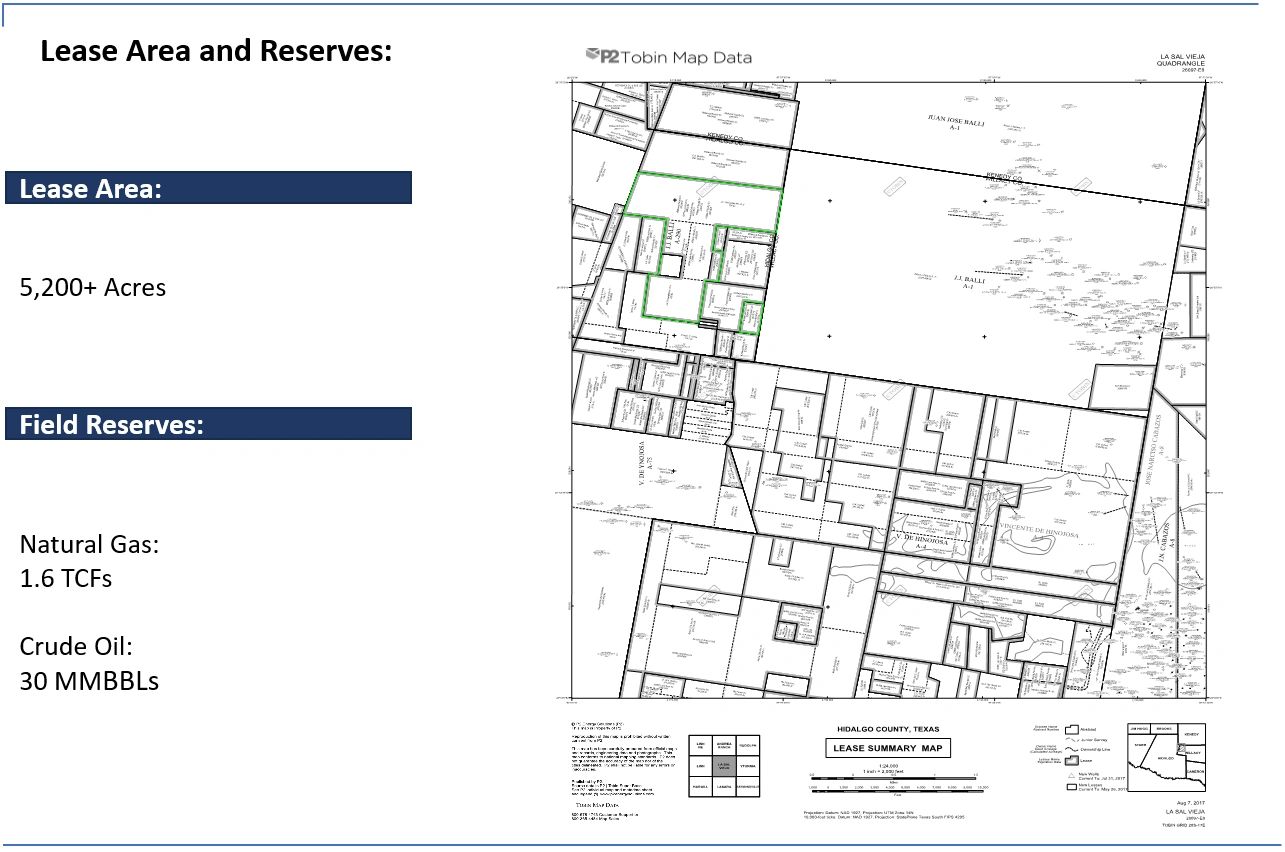 Map showing lease area and reserves in Hidalgo County, Texas, covering 5,200+ acres with natural gas and crude oil reserves.