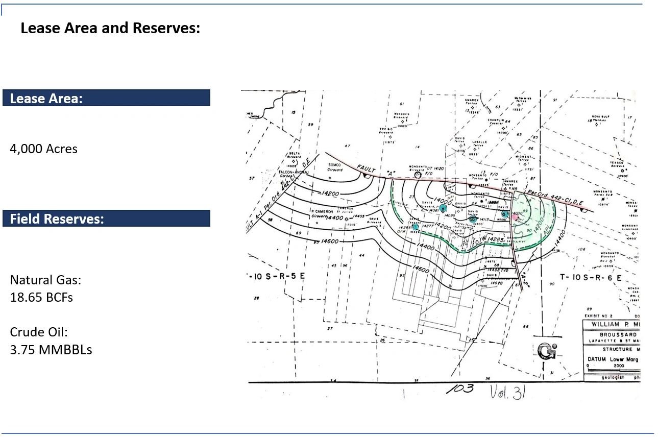 Lease area and reserves showing 4,000 acres, 18.65 BCF natural gas, and 3.75 MMBBL crude oil.